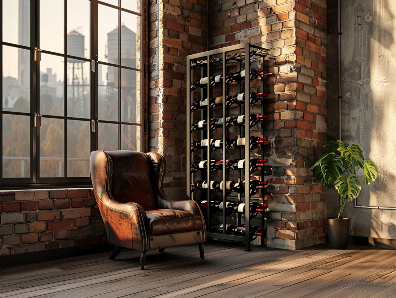 Industrialna strefa wypoczynkowa z regałem na wino i ceglaną ścianą