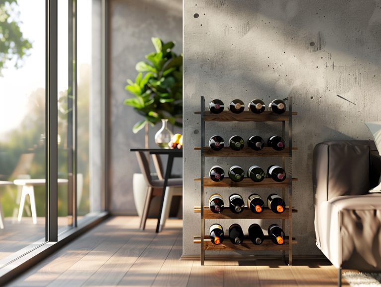 Designerski regał na wino z drewnianymi półkami w loftowym wnętrzu