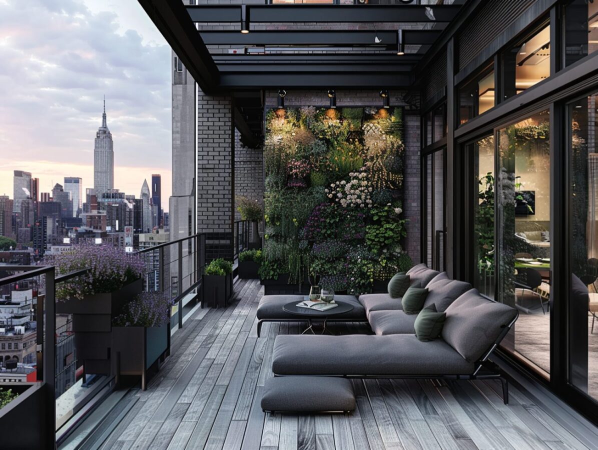 Taras z ciemną sofą i roślinami w nowoczesnym apartamencie