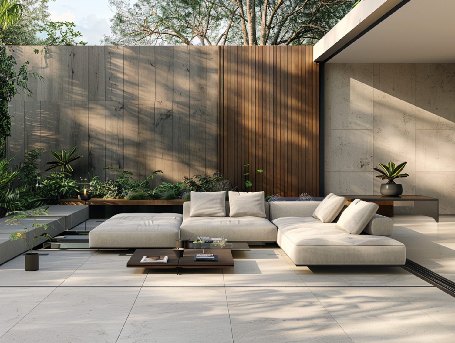 Narożnik ogrodowy w stylu nowoczesnym z wysoką ścianką drewnianą