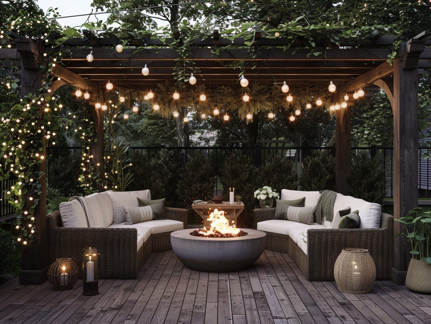 Przytulna strefa relaksu na tarasie z paleniskiem i girlandami