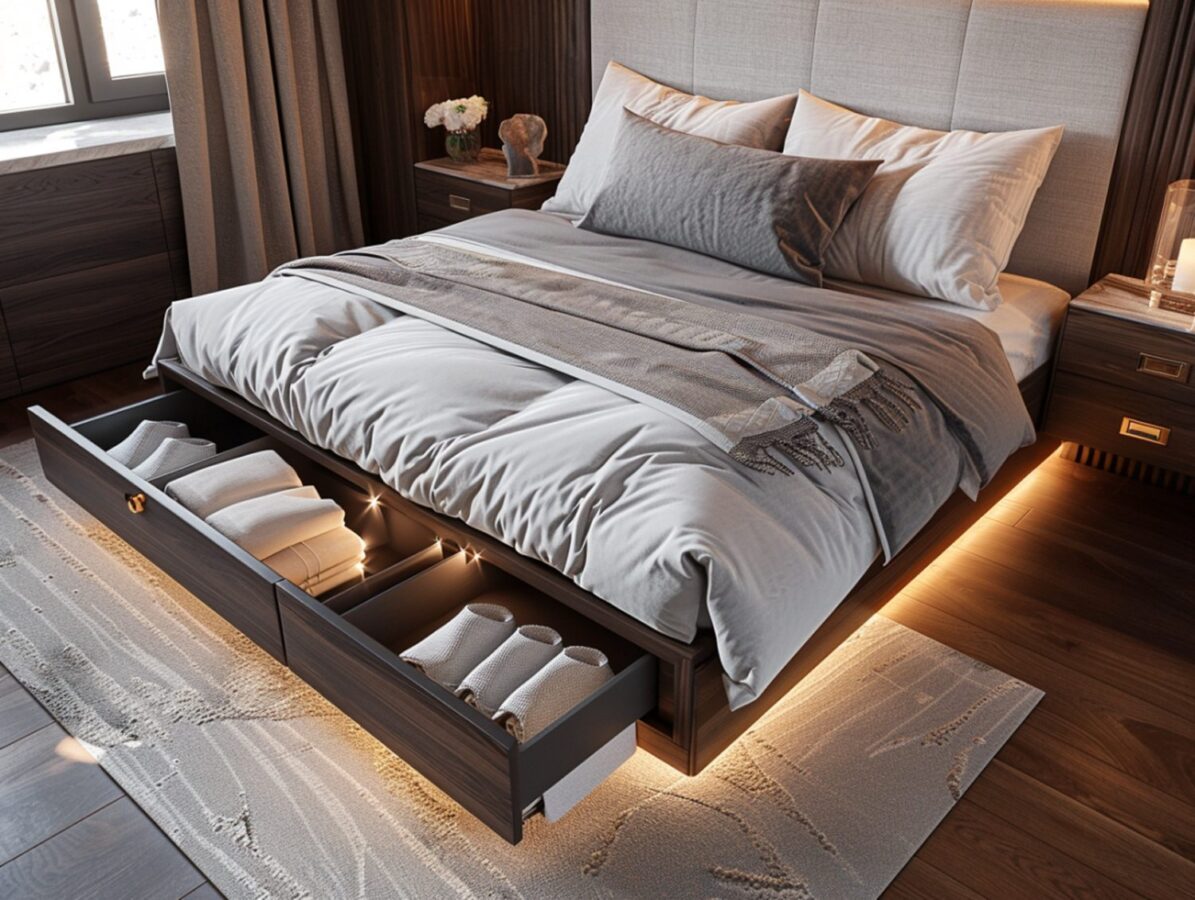 Łóżko z szufladami do przechowywania w jasnej sypialni