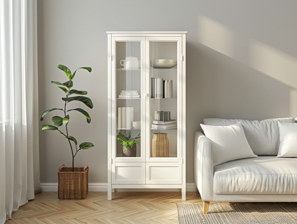 Przeszklona biała witryna z litego drewna w klasycznym salonie