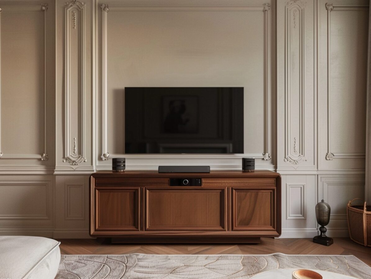 Drewniana szafka RTV w eleganckim salonie glamour