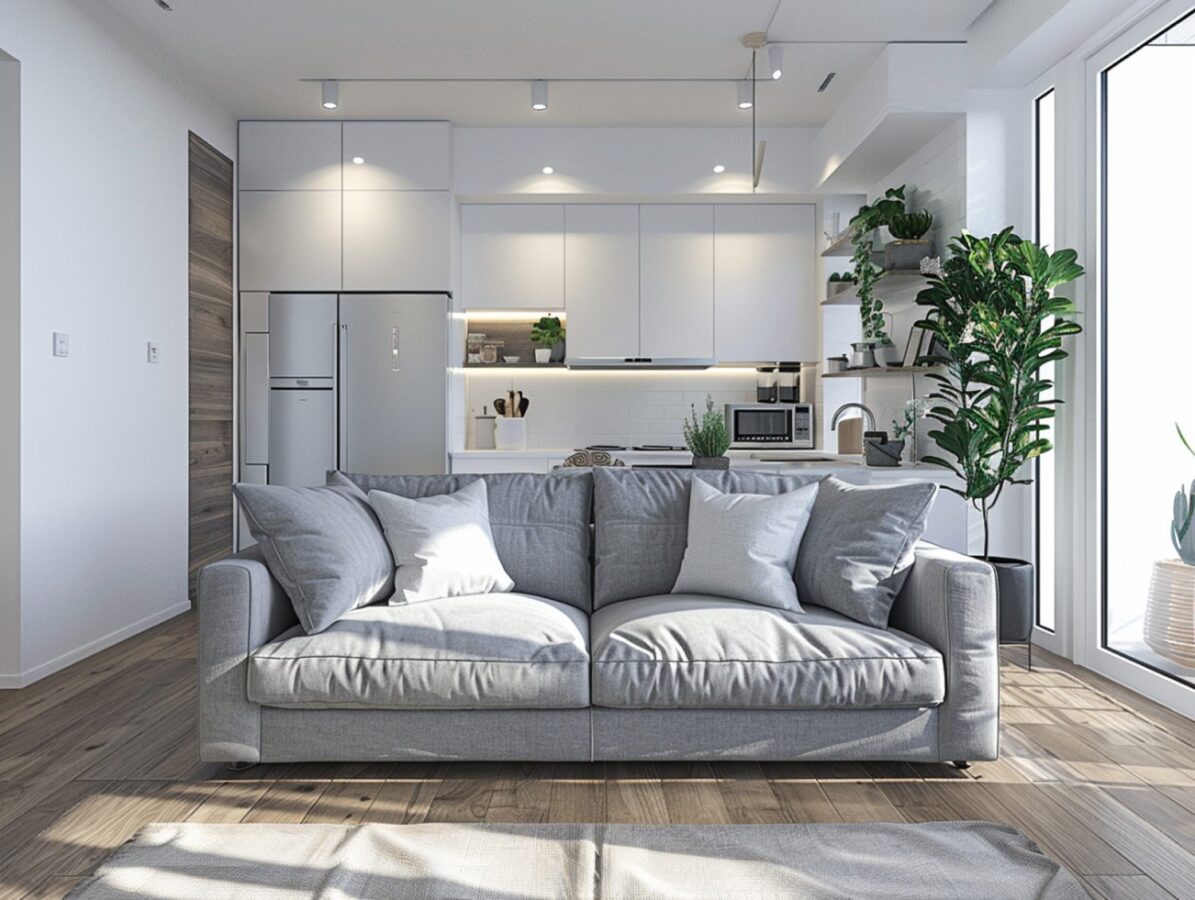 Biała kuchnia z wyspą i jasnoszary narożnik w stylu minimalistycznym