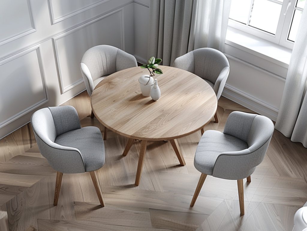 Okrągły stół z litego drewna i cztery krzesła w jasnej jadalni skandynawskiej