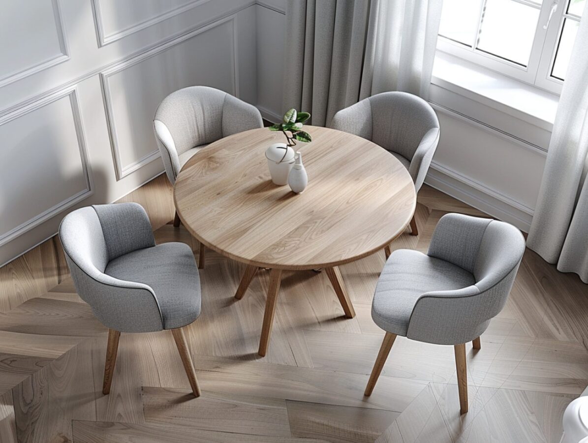 Okrągły stół z litego drewna i cztery krzesła w jasnej jadalni skandynawskiej