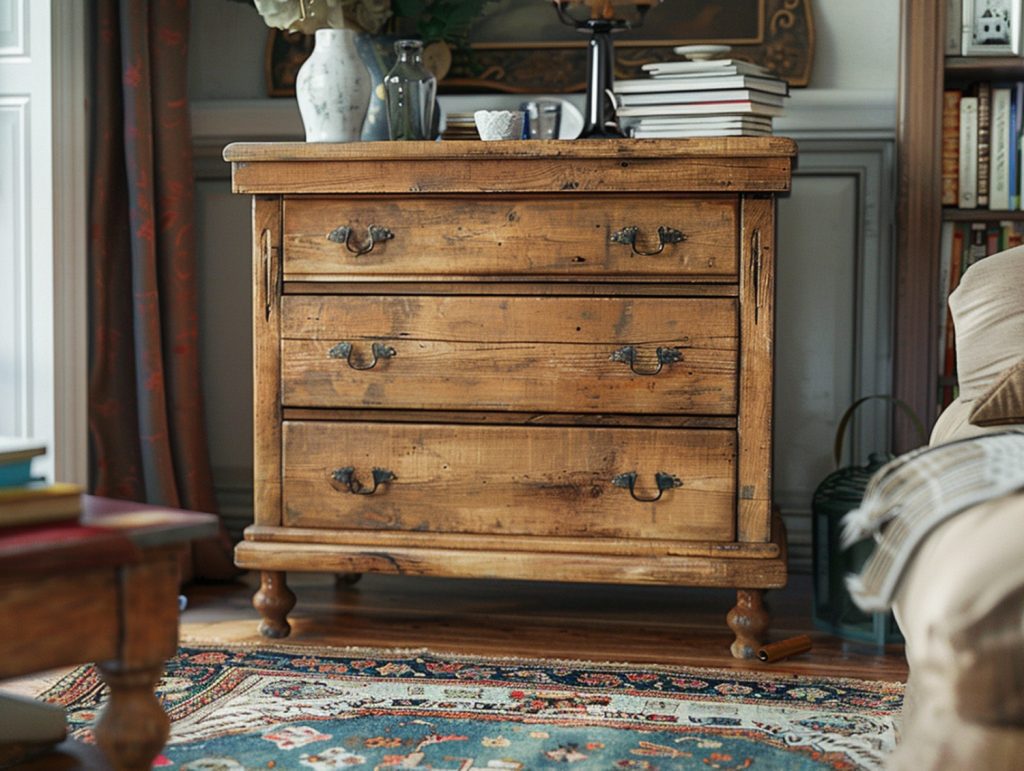 Stylowa komoda z litego drewna w rustykalnym salonie z dywanem orientalnym