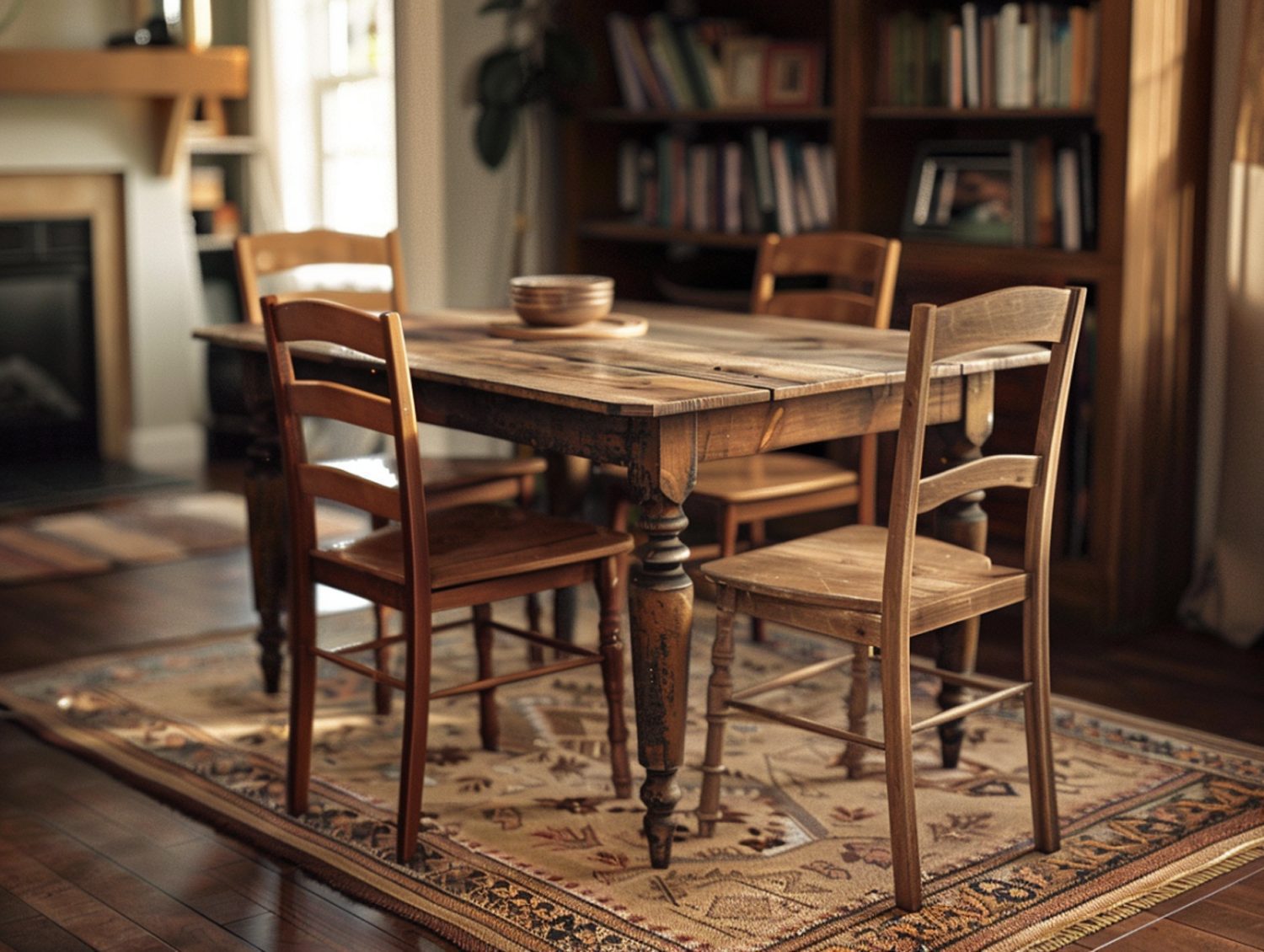 Klasyczny stół z litego drewna i cztery krzesła w jadalni vintage