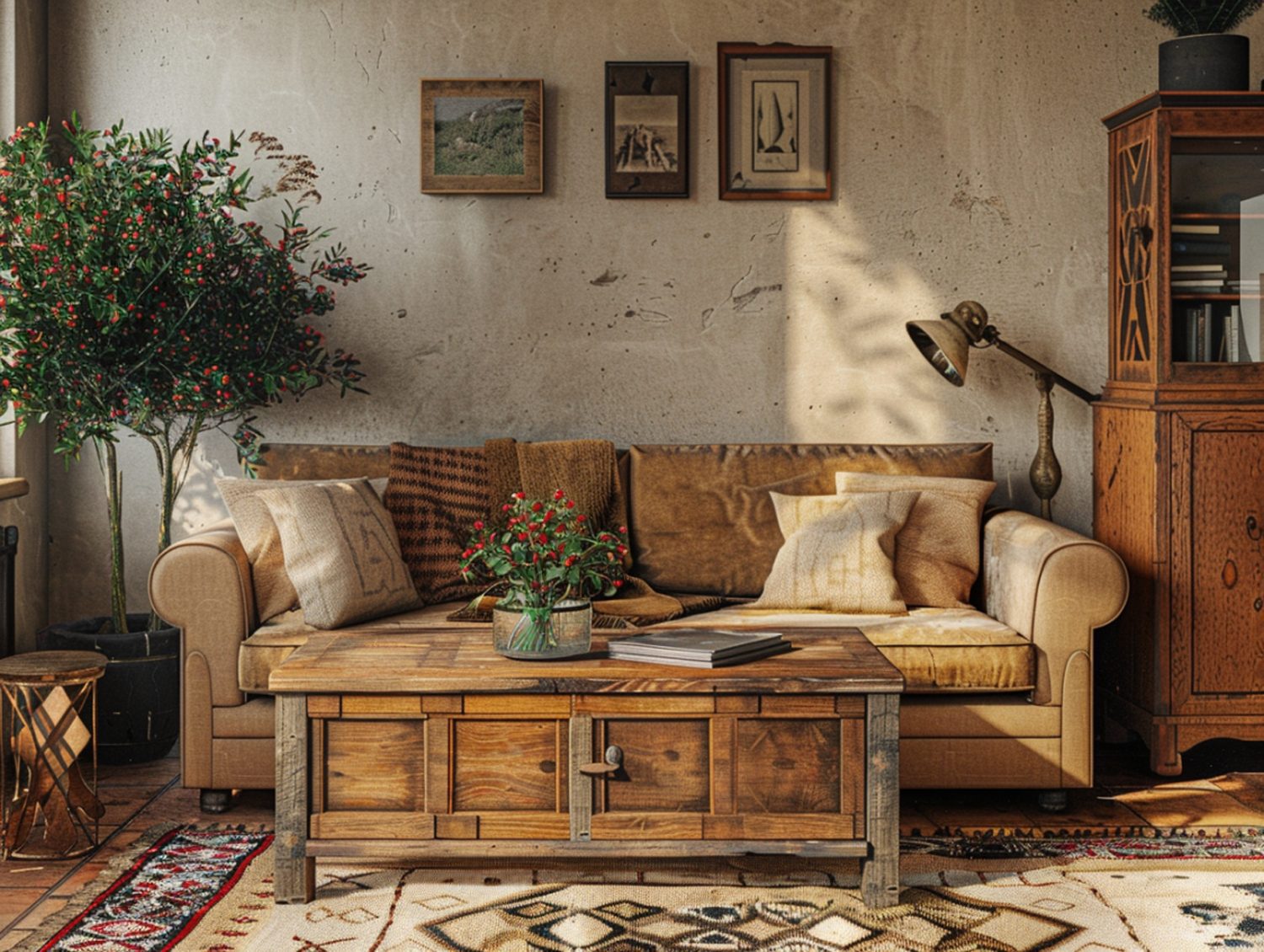 Rustykalny narożnik z litego drewna i stolik w salonie boho