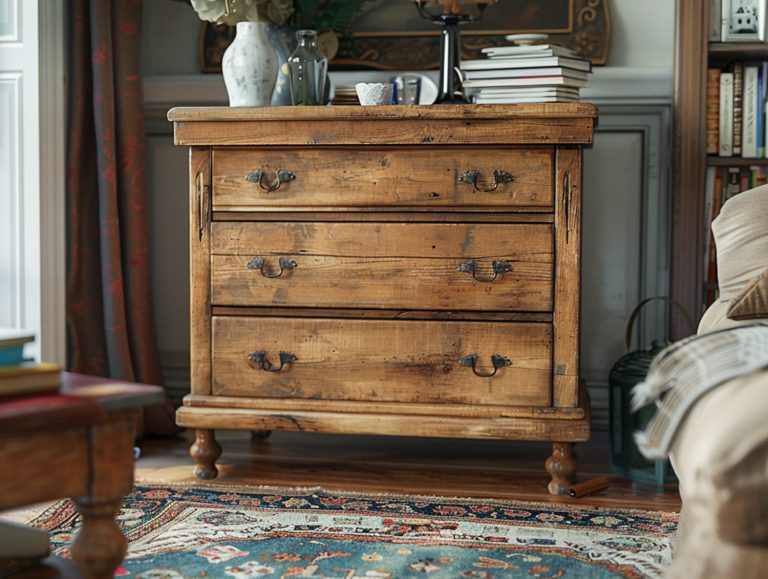Stylowa komoda z litego drewna w rustykalnym salonie z dywanem orientalnym