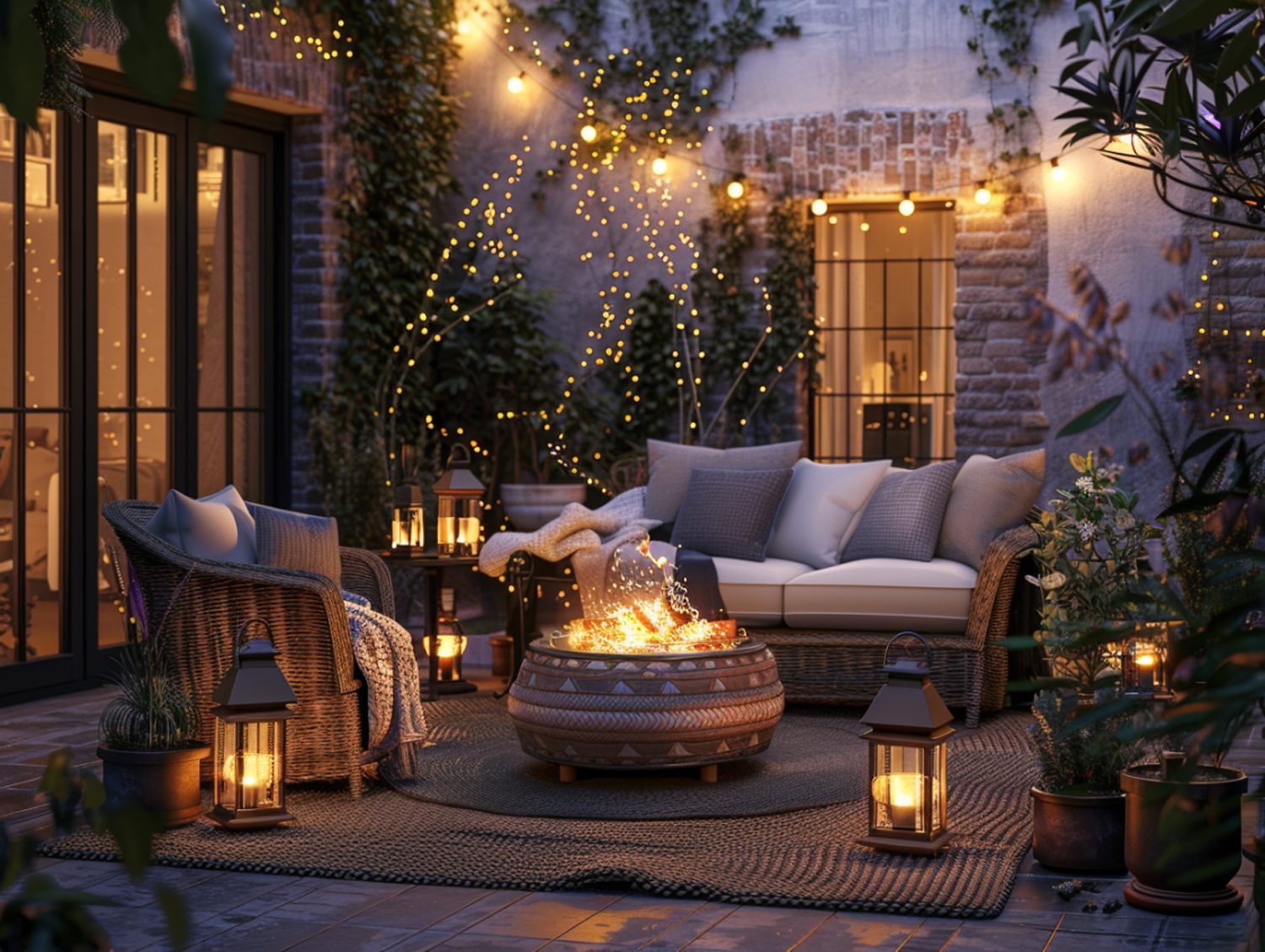 Przytulna strefa wypoczynkowa na tarasie z oświetleniem girlandowym
