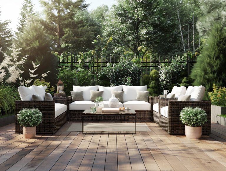 Białe sofy ogrodowe na drewnianym tarasie w stylu skandynawskim