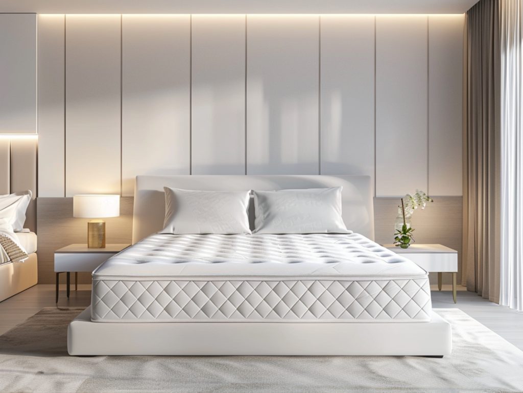 Łóżko kontynentalne z pikowanym zagłówkiem w jasnej sypialni glamour