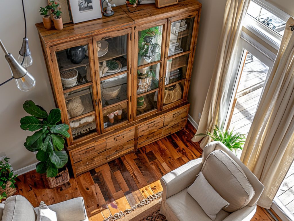 Przeszklona witryna z litego drewna w klasycznym salonie rustykalnym