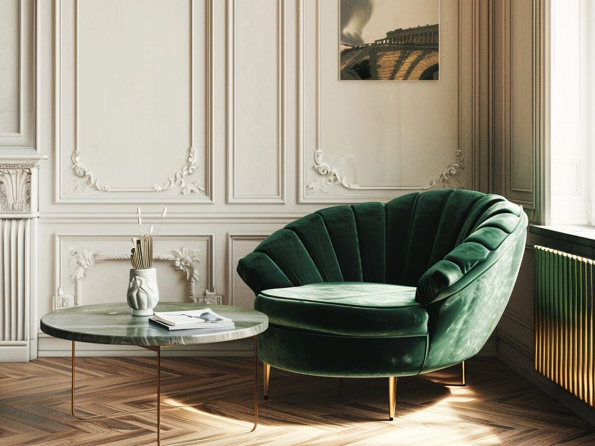 Zielony fotel welurowy z okrągłym stolikiem w salonie glamour