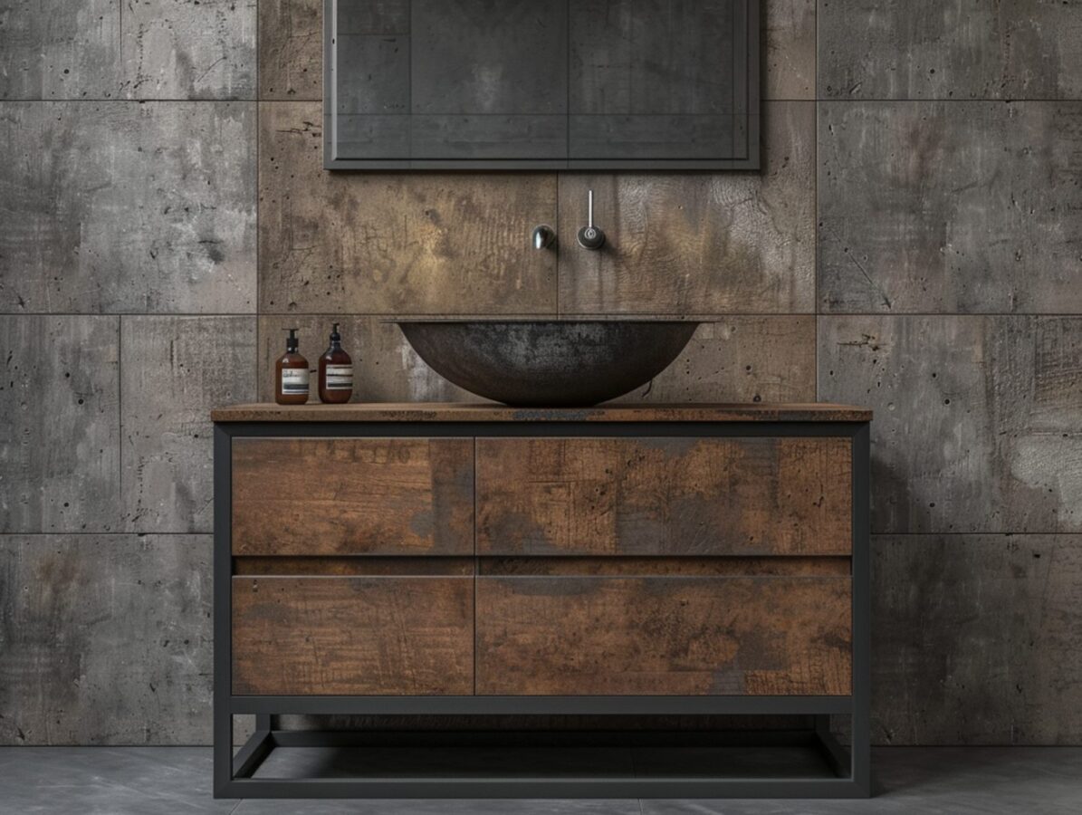 Szafka łazienkowa z ciemnego drewna z umywalką nablatową