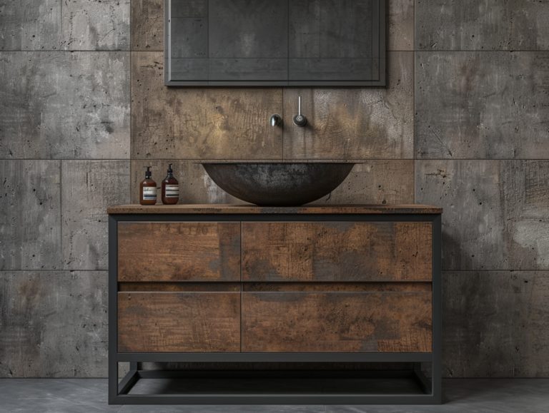 Szafka łazienkowa z ciemnego drewna z umywalką nablatową