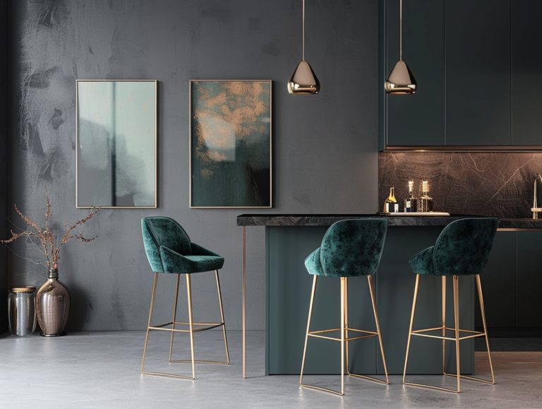 Loftowy barek kuchenny z trzema zielonymi hokerami welurowymi