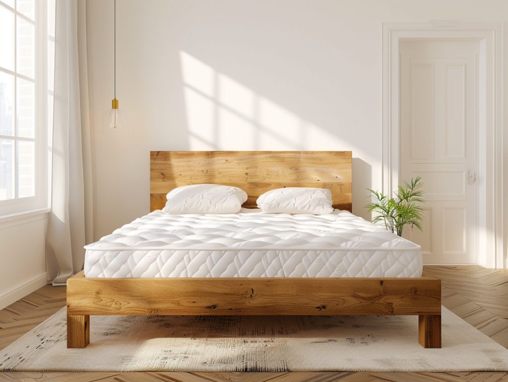 Dębowe łóżko w jasnej sypialni z białą pościelą w stylu skandynawskim