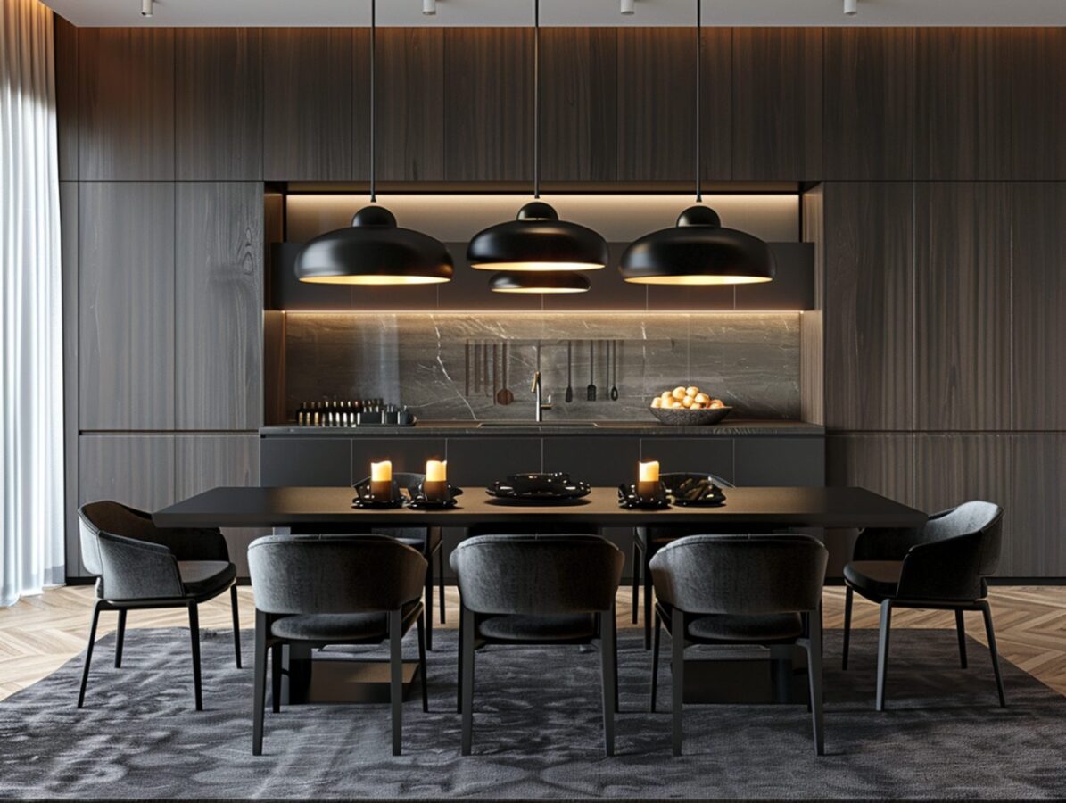 Kuchnia z jadalnią z podłużnym czarnym stolikiem i krzesłami