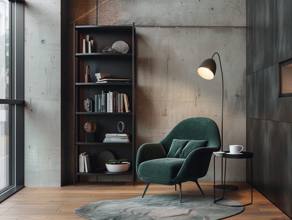 Regał z czarnego drewna i zielony welurowy fotel w salonie loftowym