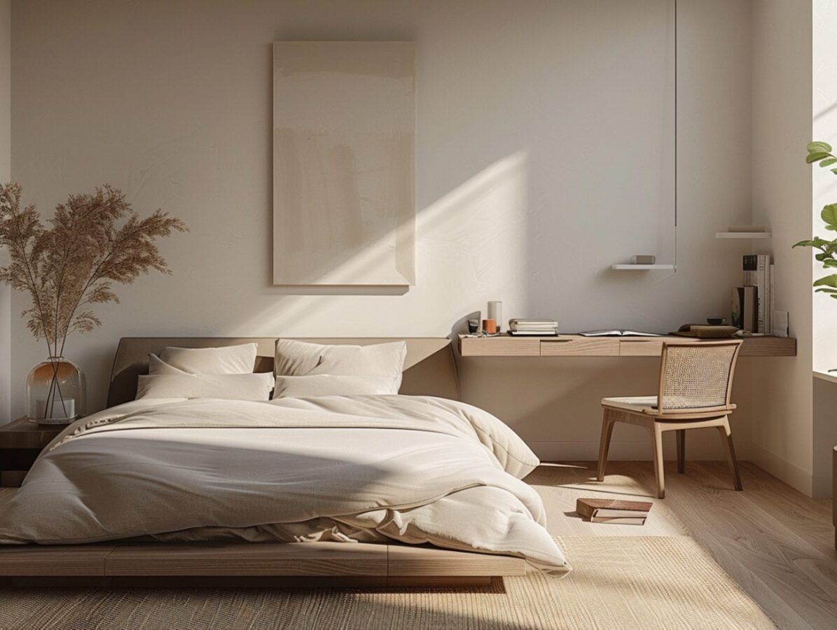 Łóżko tapicerowane i stolik nocny w beżowej sypialni nowoczesnej