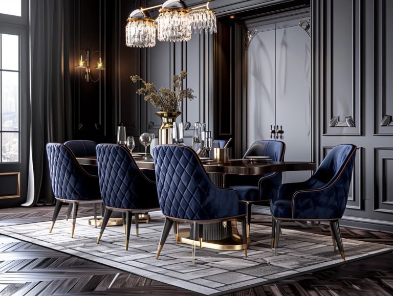 Granatowe krzesła welurowe i stół w jadalni glamour z żyrandolem