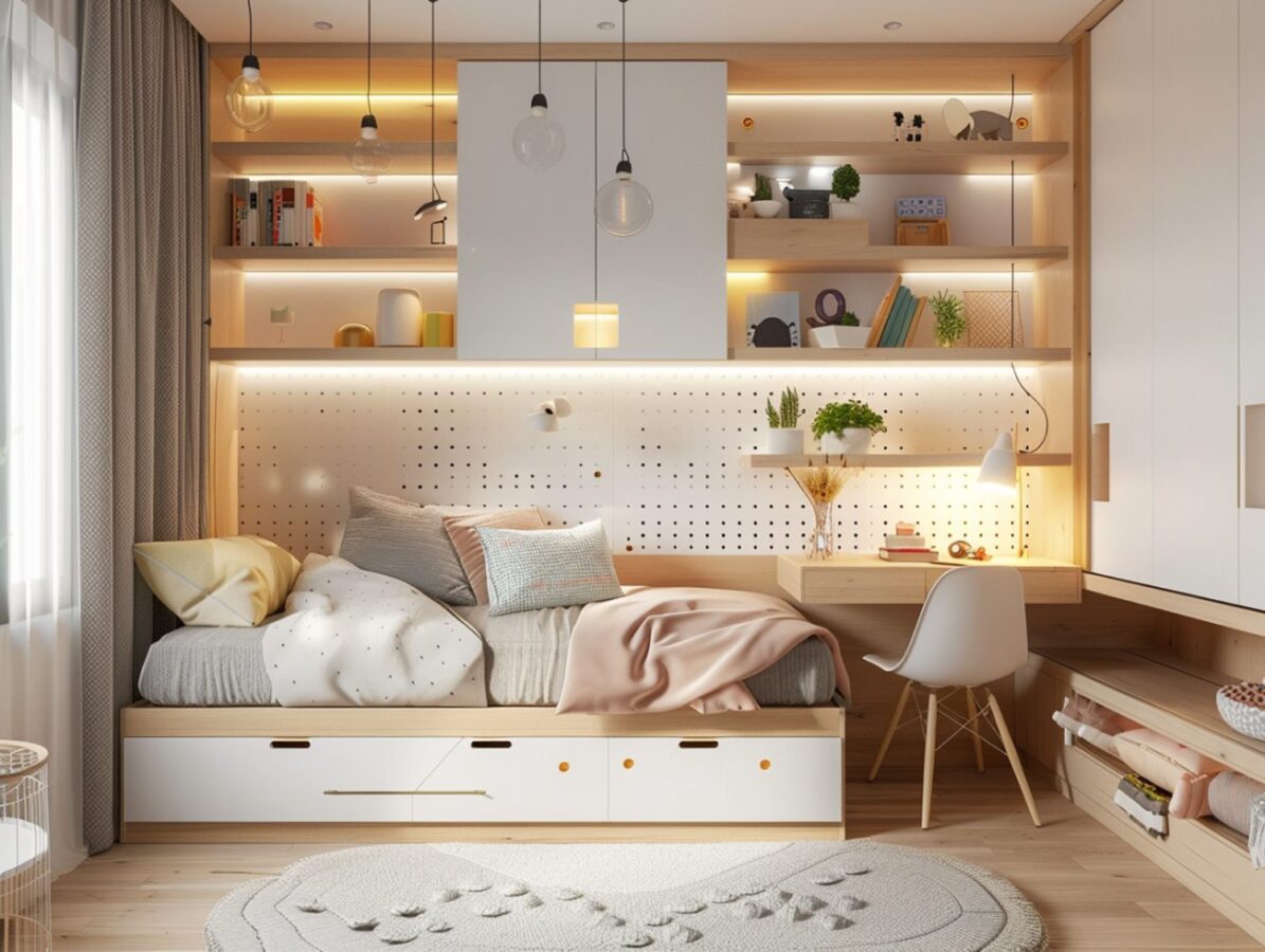 Meble modułowe z szufladami i LED w pokoju dziecięcym w stylu skandynawskim