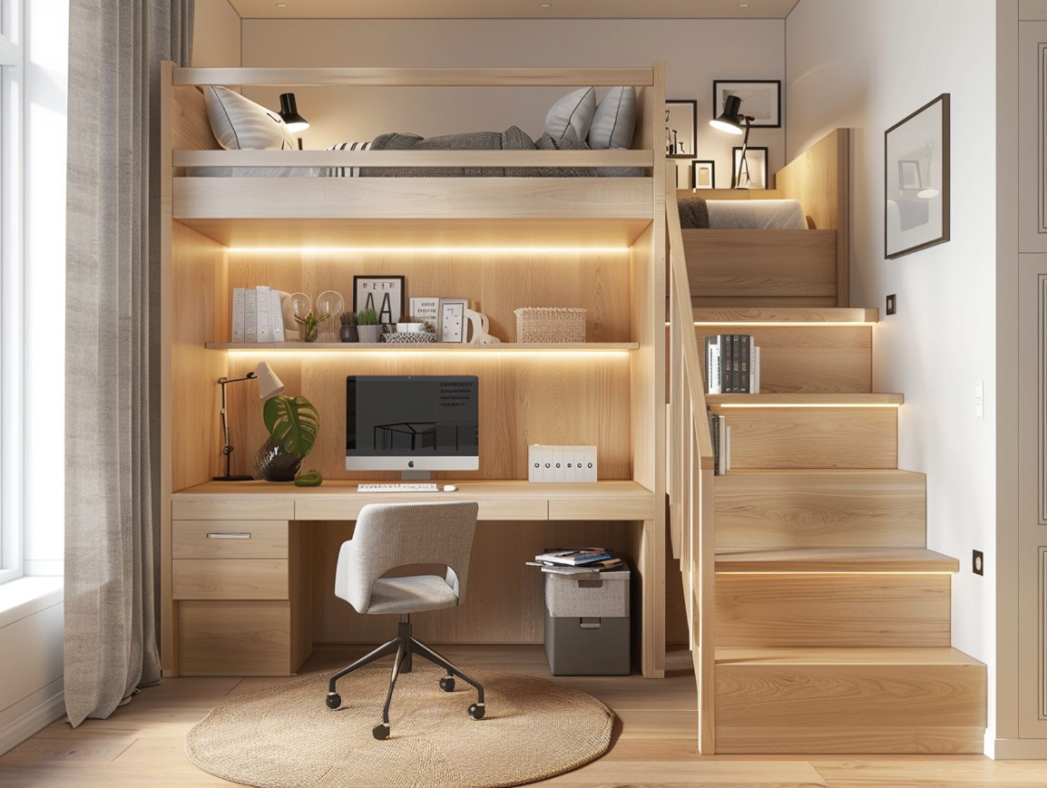 Zestaw drewnianych mebli z łóżkiem piętrowym i biurkiem w pokoju dziecięcym