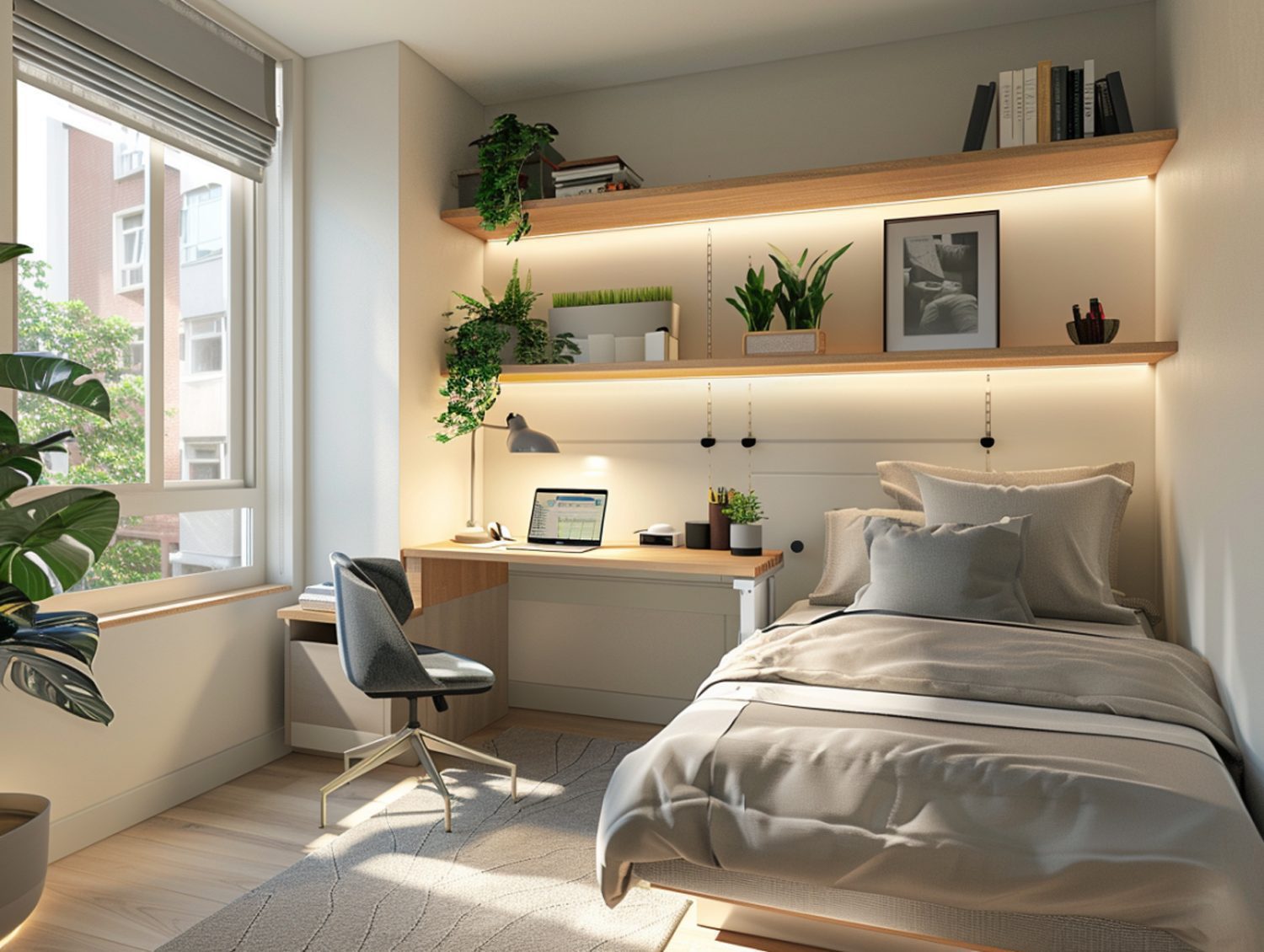 Biurko z półkami i łóżko w pokoju młodzieżowym w stylu skandynawskim