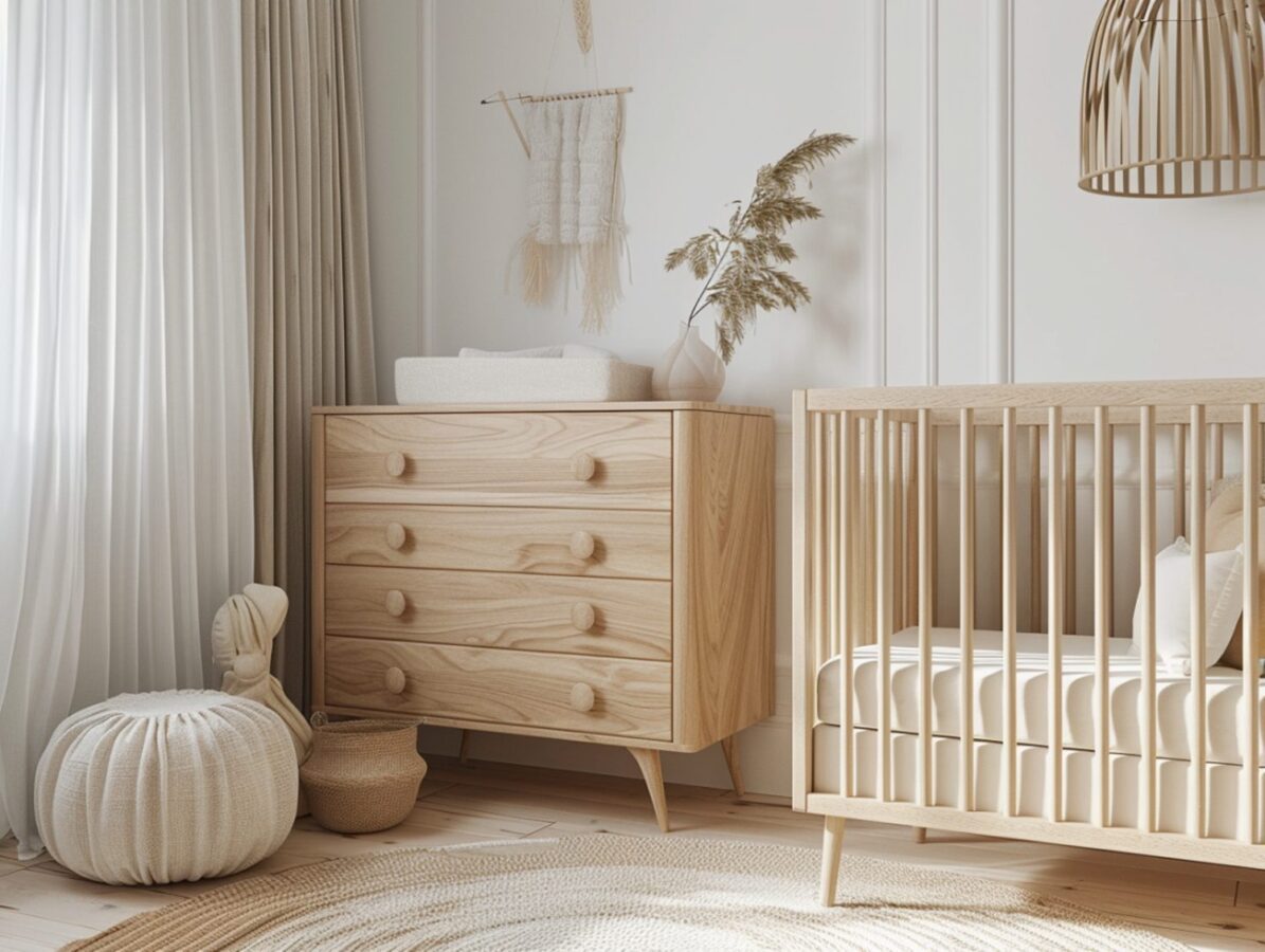 Komoda i łóżeczko niemowlęce z jasnego drewna w pokoju dziecięcym