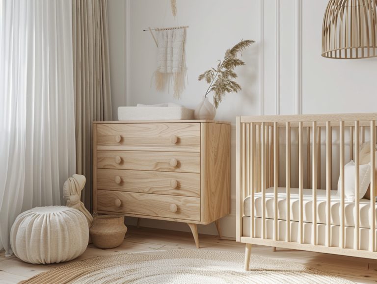 Komoda i łóżeczko niemowlęce z jasnego drewna w pokoju dziecięcym