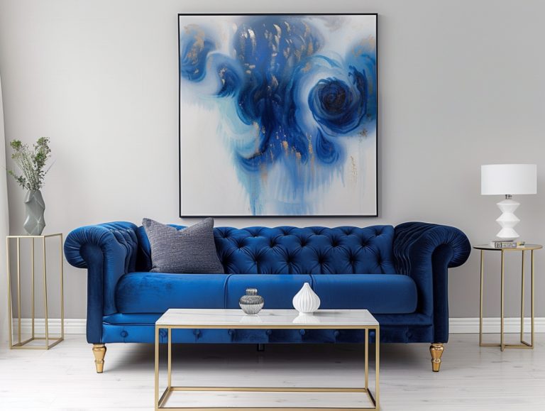 Niebieska sofa welurowa z niskim stolikiem w nowoczesnym salonie