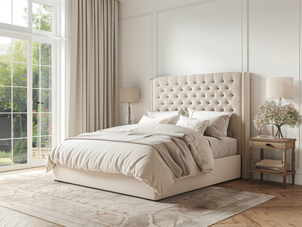 Beżowe łóżko tapicerowane z wysokim zagłówkiem w nowoczesnej sypialni
