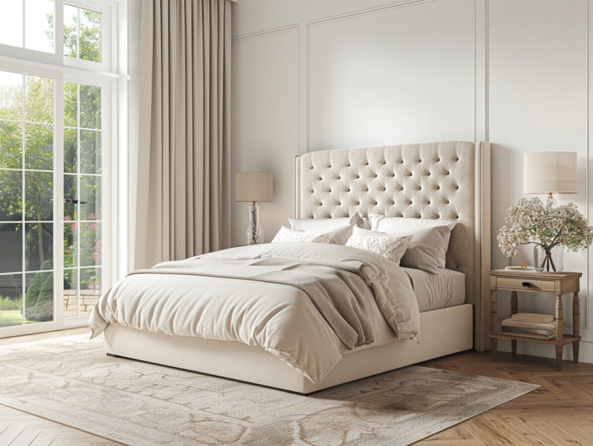 Beżowe łóżko tapicerowane z wysokim zagłówkiem w nowoczesnej sypialni