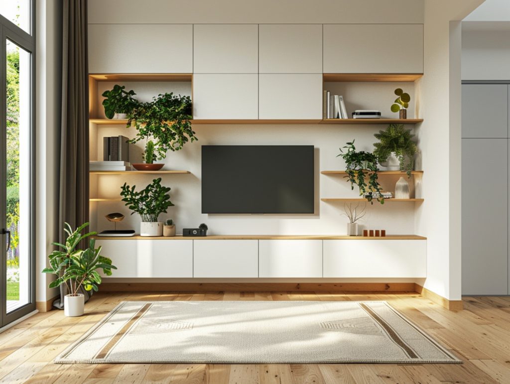 Biała zabudowa RTV z drewnianymi półkami w salonie skandynawskim