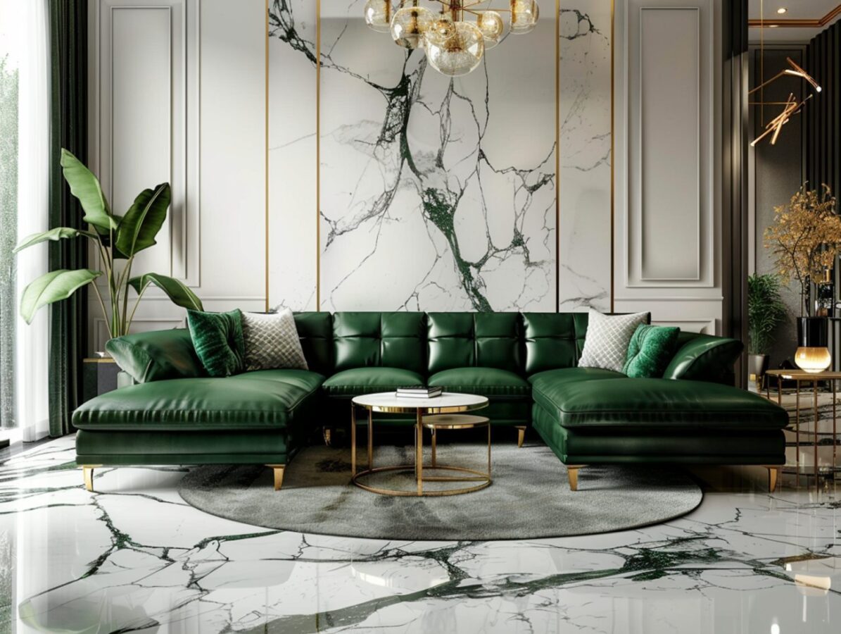 Zielony narożnik welurowy w luksusowym salonie glamour z marmurową podłogą