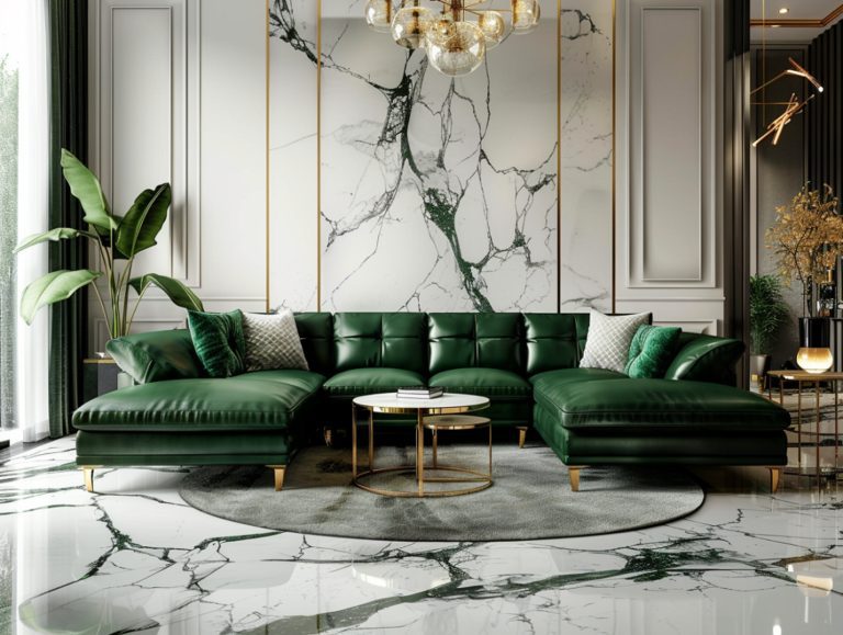 Zielony narożnik welurowy w luksusowym salonie glamour z marmurową podłogą