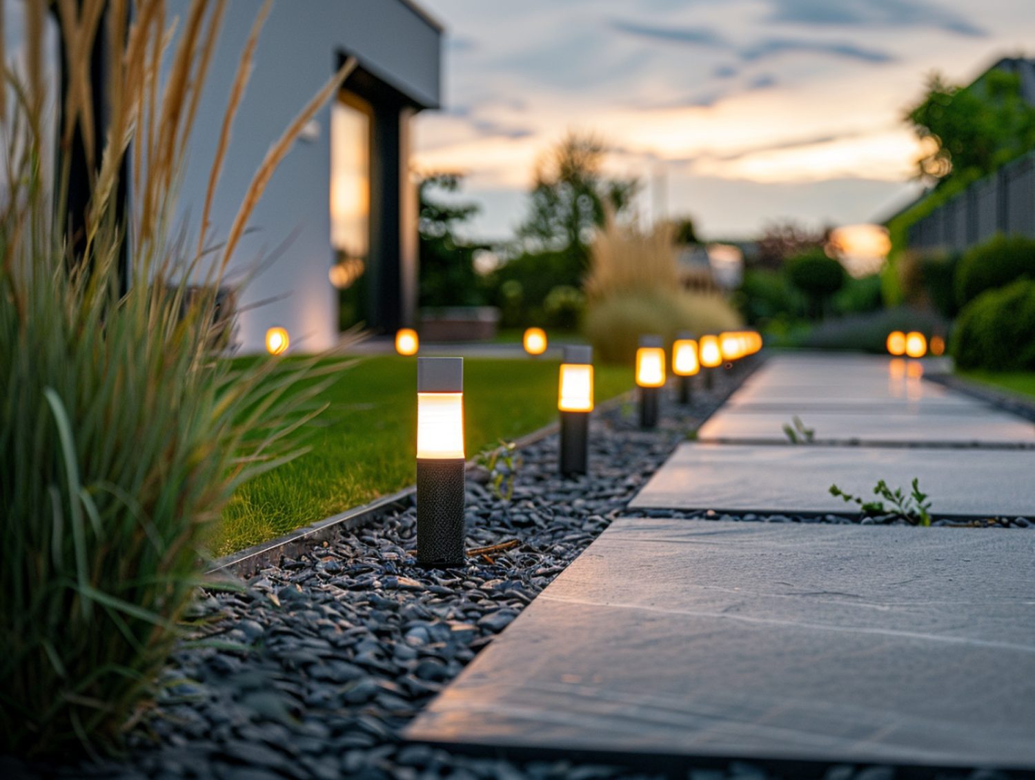 Ścieżka ogrodowa z oświetleniem w minimalistycznym ogrodzie nowoczesnym