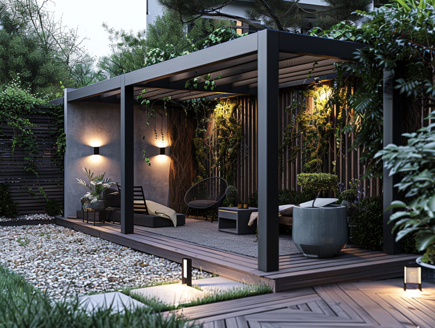 Altana tarasowa z ciemnego drewna i pergolą w stylu loftowym