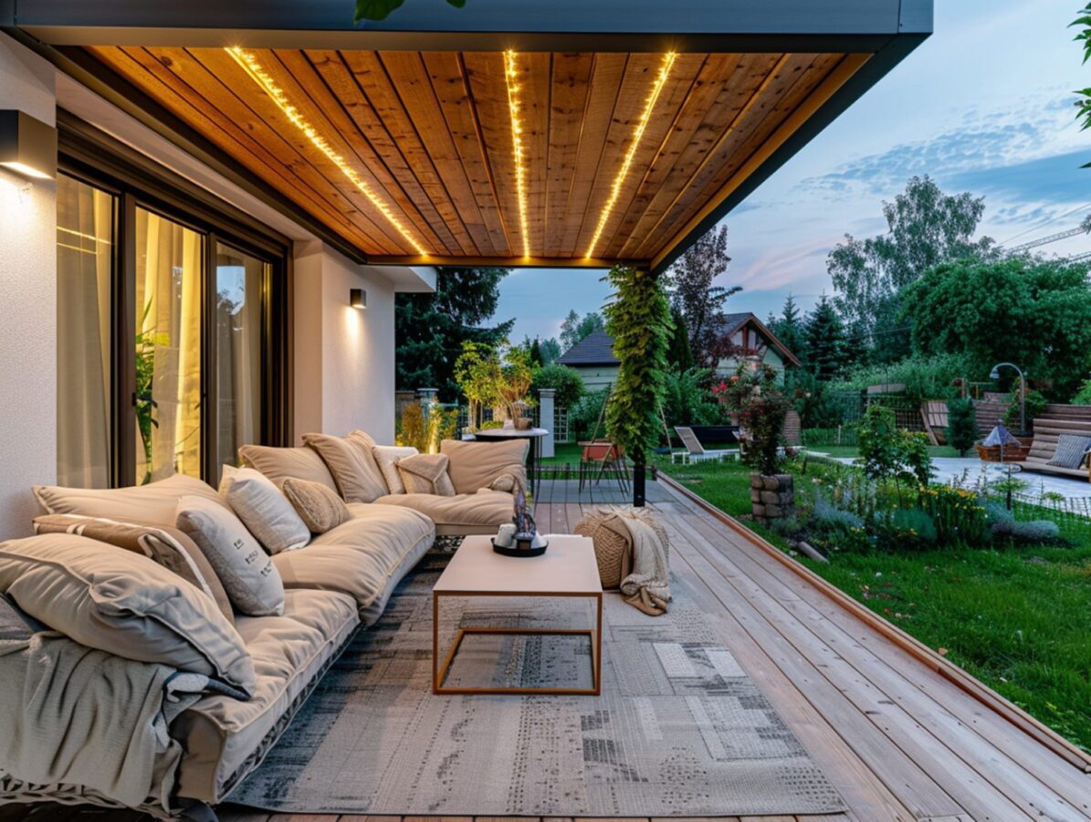 Taras z zadaszeniem i beżowymi sofami ogrodowymi w stylu boho