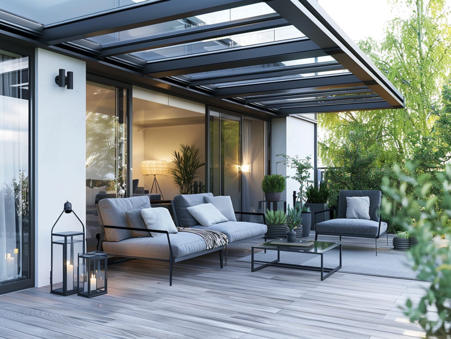 Nowoczesna pergola z przeszkleniami i narożnikiem ogrodowym