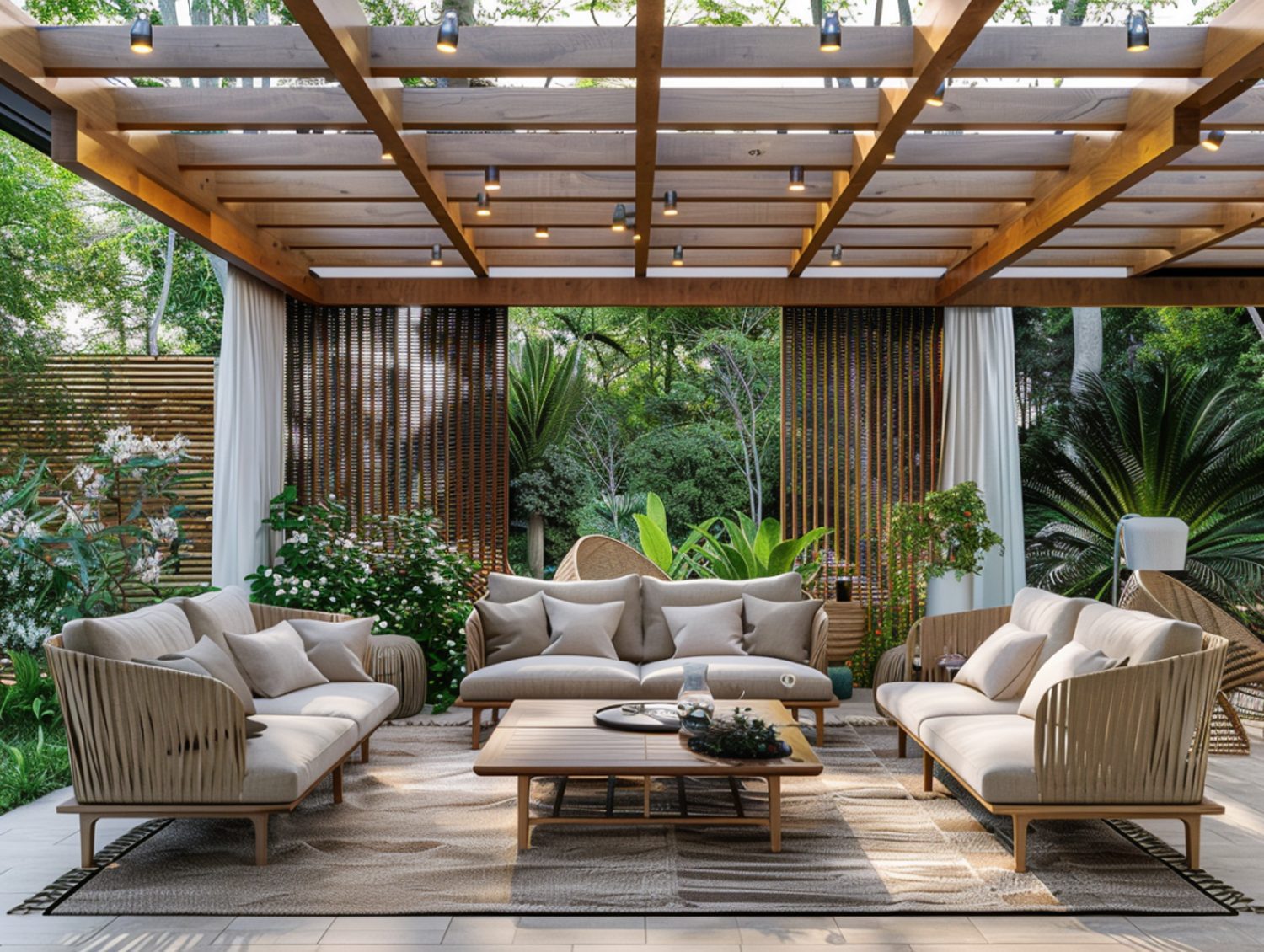 Tarasowa strefa relaksu z beżowymi sofami i drewnianą pergolą