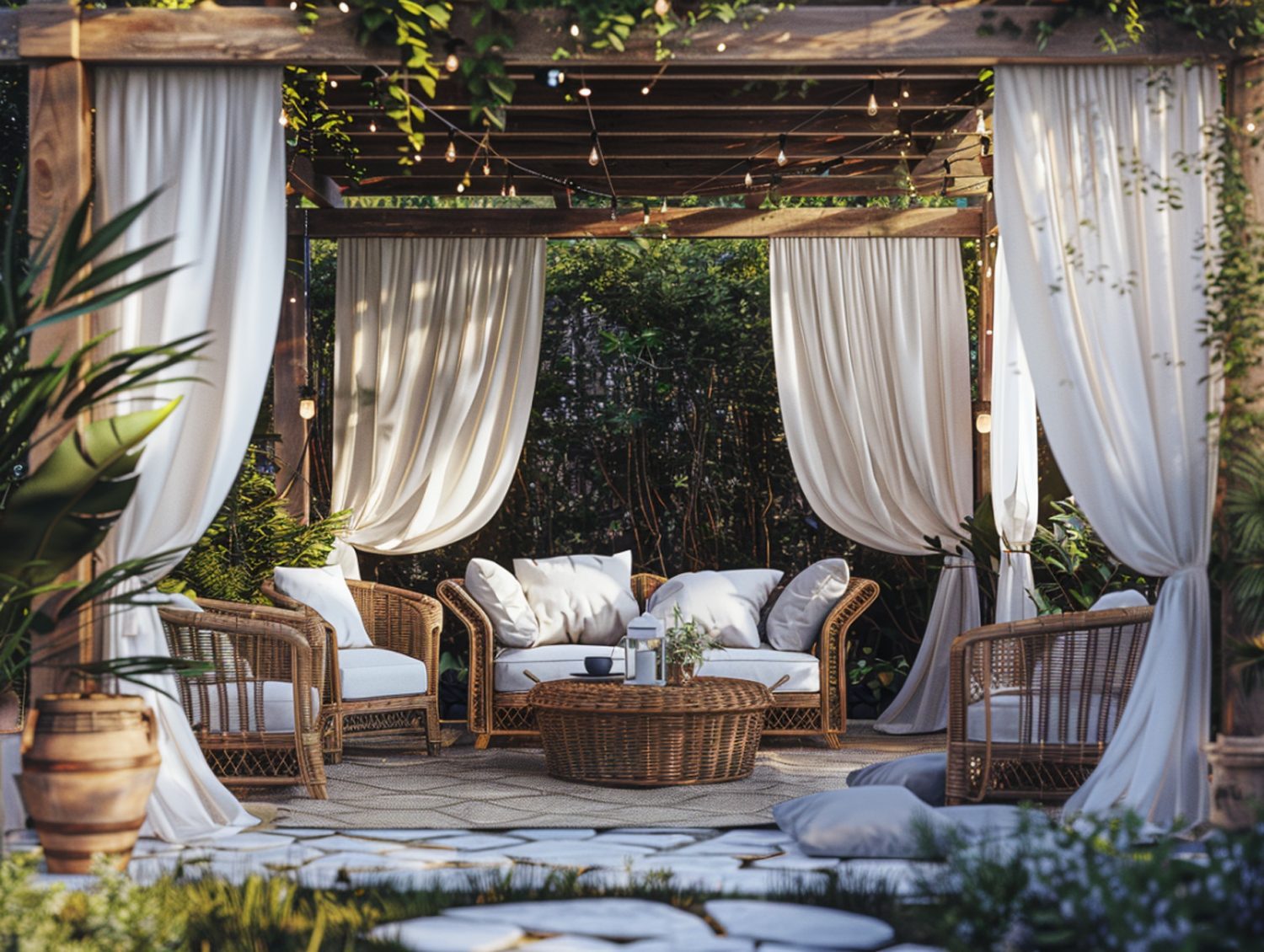 Zestaw rattanowych mebli ogrodowych z poduszkami w stylu boho