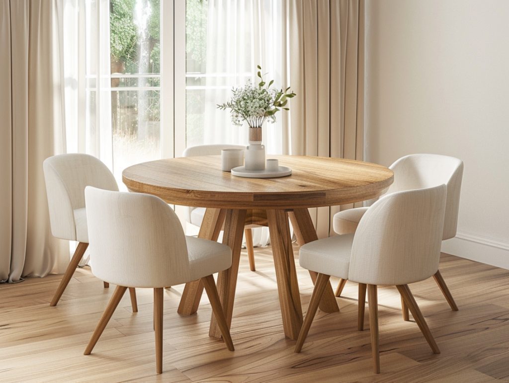 Okrągły stół z litego drewna i tapicerowane krzesła w nowoczesnej jadalni