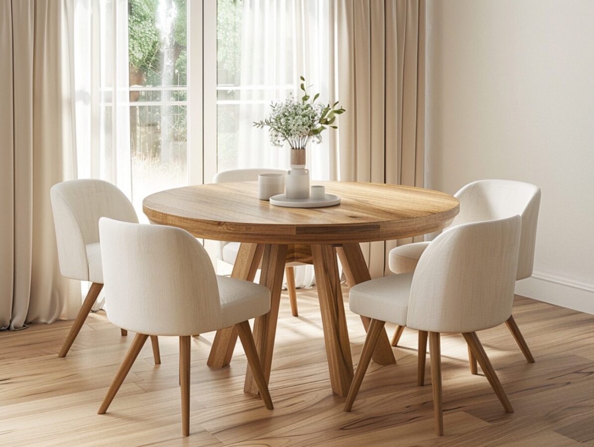 Okrągły stół z litego drewna i tapicerowane krzesła w nowoczesnej jadalni