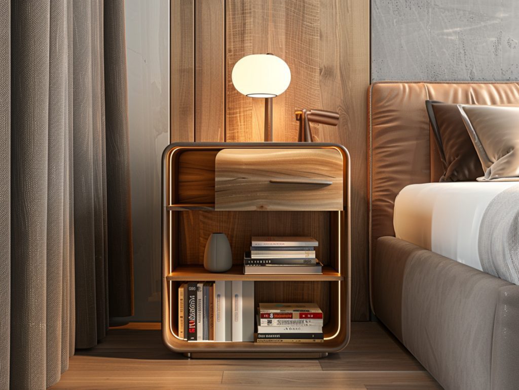 Drewniany stolik nocny z półką i szufladą w nowoczesnej sypialni