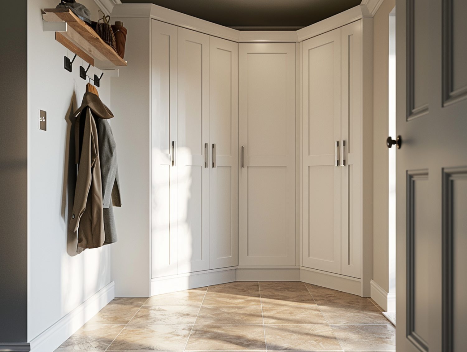 Garderoba narożna z wieszakami i białymi szafami w holu nowoczesnym