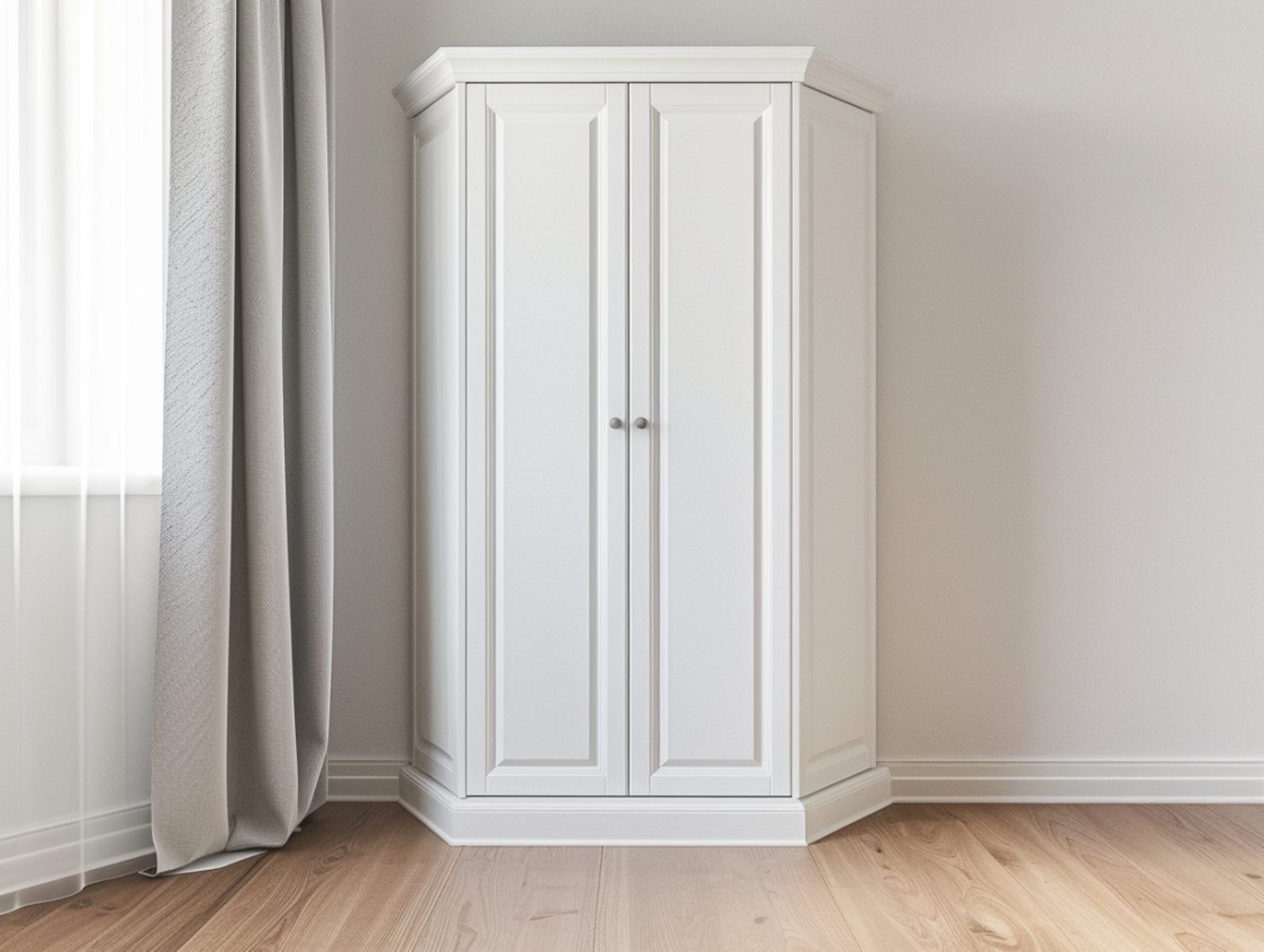 Biała narożna szafa w stylu klasycznym w jasnym pomieszczeniu